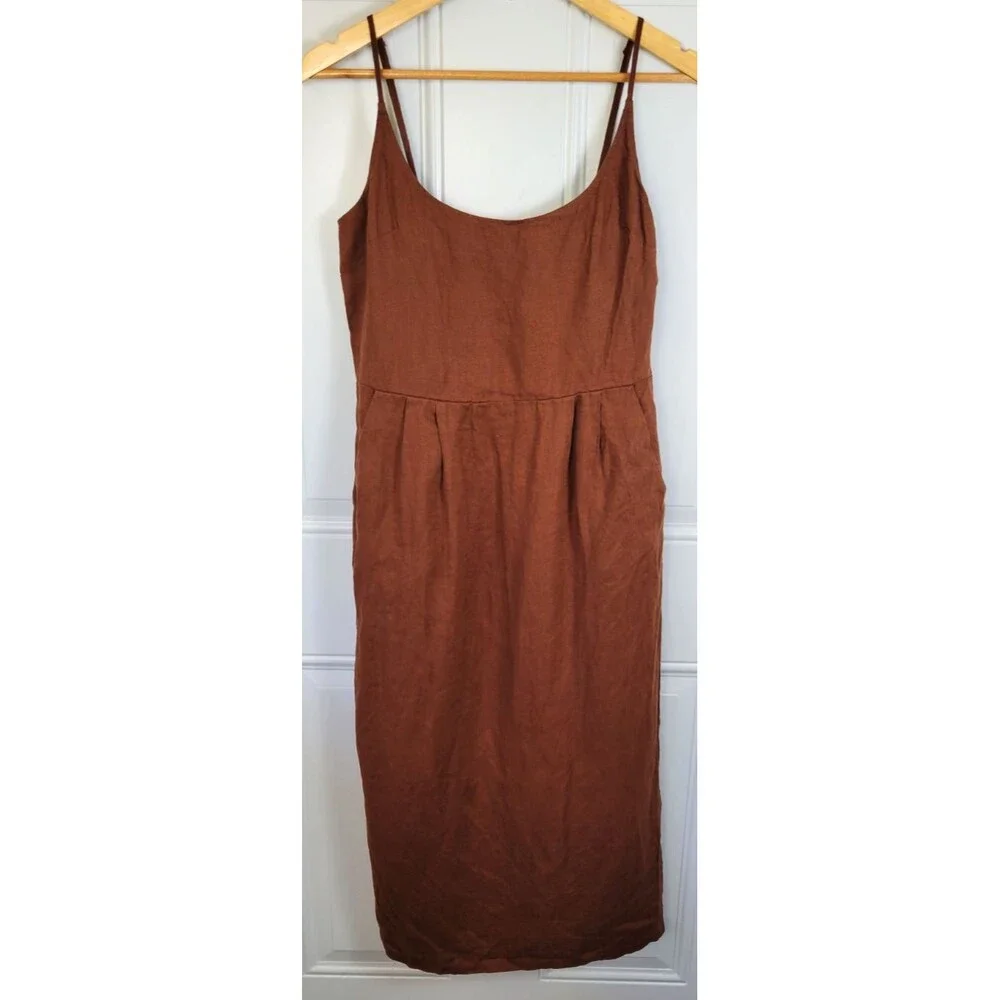 Quince 100% European Linen Scoop Neck Midi Dress Size S Chocolate Brown - Picture 2 of 9